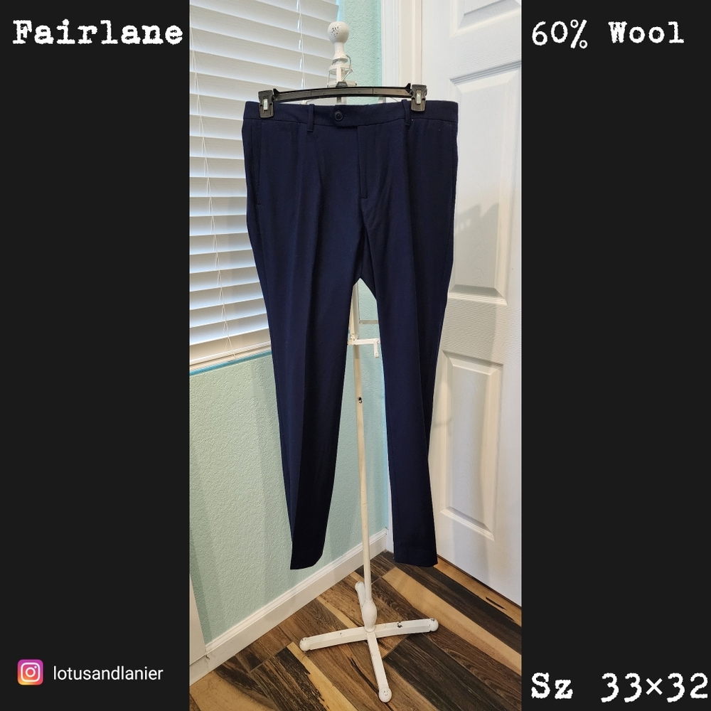 Fairlane Men's Slim Flat Front  Wool Navy Blue Pants Sz 33x32
